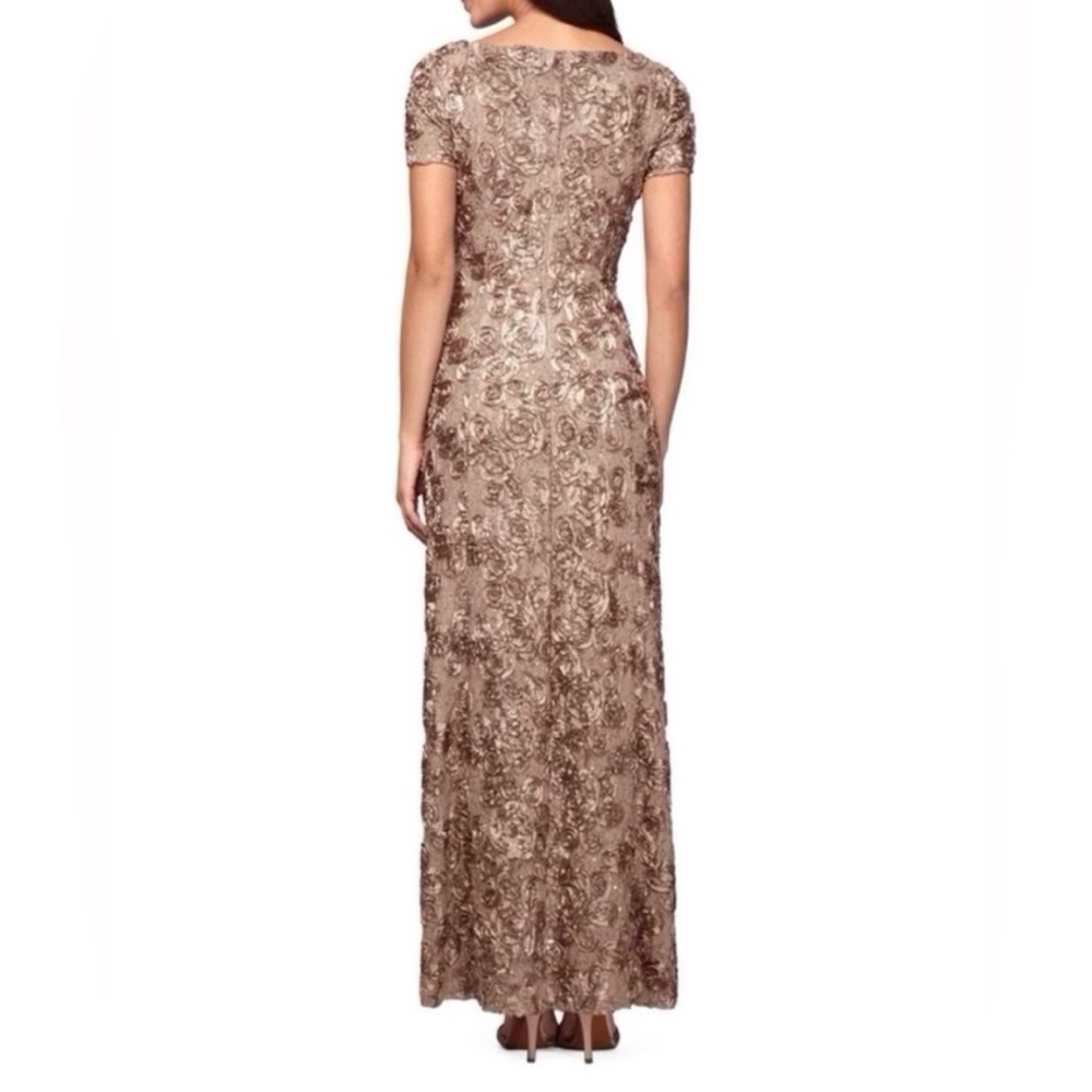 ALEX EVENINGS Bronze Sequin Floral Lace Ribbon Rosette Short Sleeve Gown - Picture 2 of 12